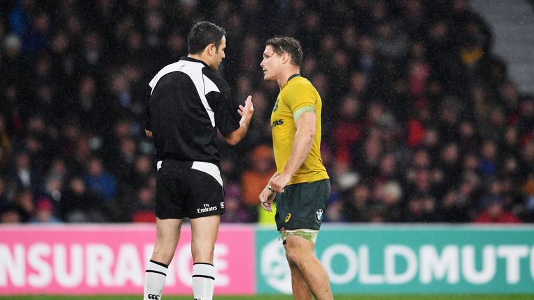 LONDON - NOV 18 2017:  Michael Hooper of Australia speaks to the referee after a TMO decision during the game against England