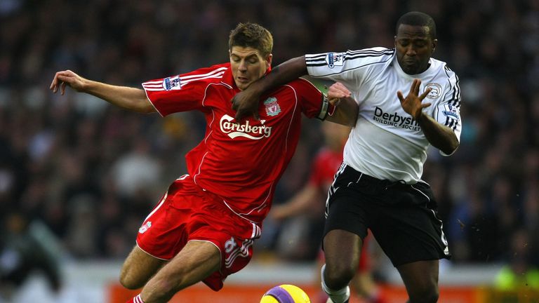 DERBY, UNITED KINGDOM - DECEMBER 26:  Steven Gerrard of Liverpool is challenged by Michael Johnson of Derby County during the Barclays Premier League match