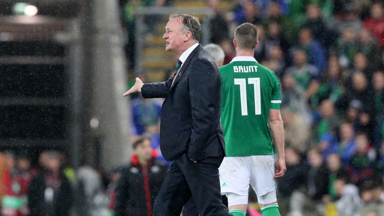 Northern Ireland manager Michael O'Neill reacts during the 2018 World Cup Qualifying Play-Off, First Leg match v Switzerland at Windsor Park, Belfast