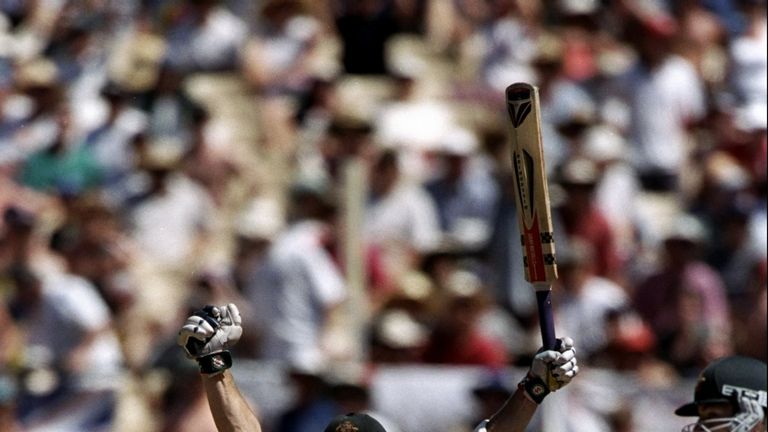 5 Jan 1999:  Michael Slater of Australia celebrates reaching his century during the 5th Ashes test against England at the Sydney Cricket Ground