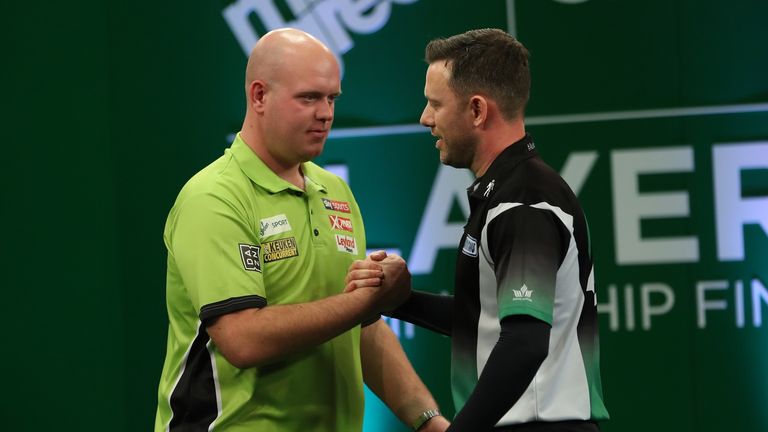 MR GREEN PLAYERS CHAMPIONSHIPS 2017.BUTLINS RESORT,.MINEHEAD.PIC;LAWRENCE LUSTIG.Michael van Gerwen v Paul Nicholson.MICHAEL VAN GERWEN  IN ACTION