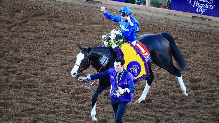 Jockey Mickael Barzalona celebrates after riding Talismanic (#1) to a win in the Longines Breeders' Cup Turf 