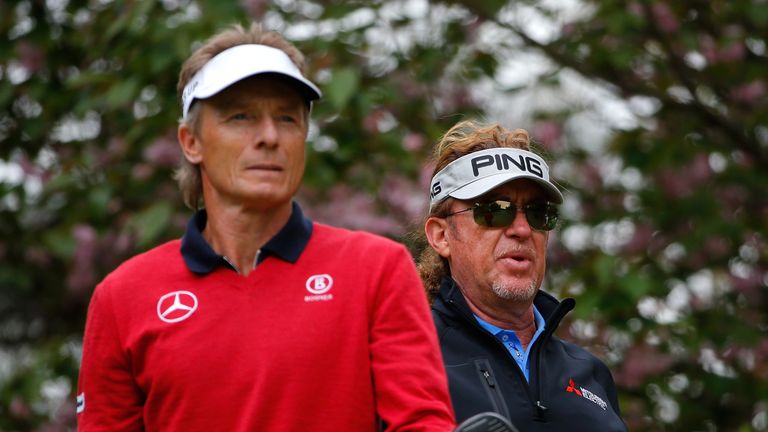 DULUTH, GA - APRIL 15:  Miguel Angel Jimenez of Spain looks on after Bernhard Langer of Germany tees off the fourth hole during the first round of the Mits