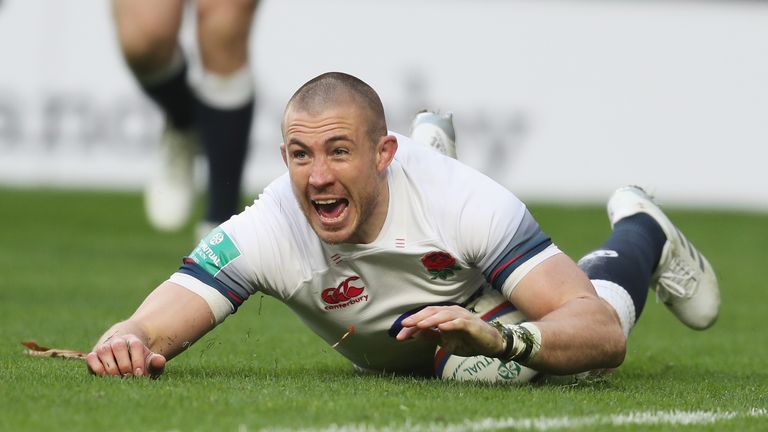 Mike Brown of England touches down for the first try against Samoa