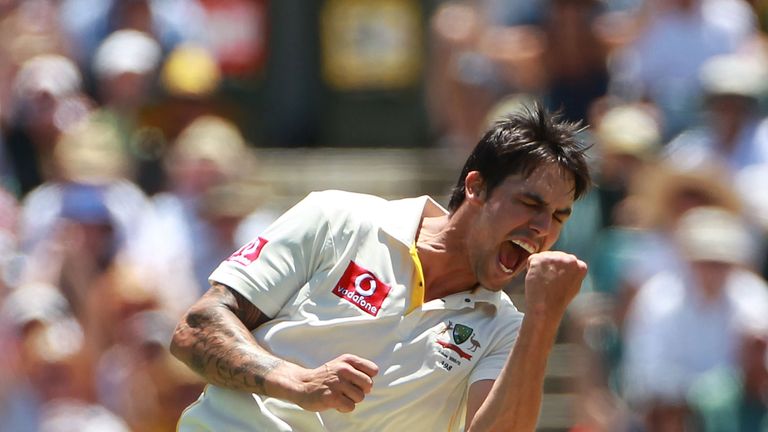Mitchell Johnson of Australia celebrates the wicket of Kevin Pietersen of England during day two of the Third Ashes Test