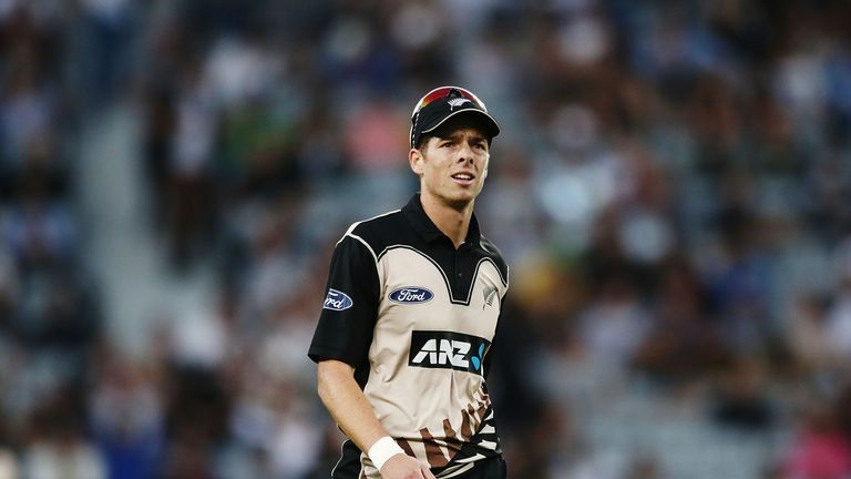 AUCKLAND, NEW ZEALAND - FEBRUARY 17: Mitchell Santner of New Zealand looks on during the first International Twenty20 match between New Zealand and South A