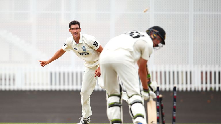 SYDNEY, AUSTRALIA - NOVEMBER 06:  Mitchell Starc of the Blues celebrates  bowling Simon Mackin of the Warriors to take a hat-trick during day three of the 