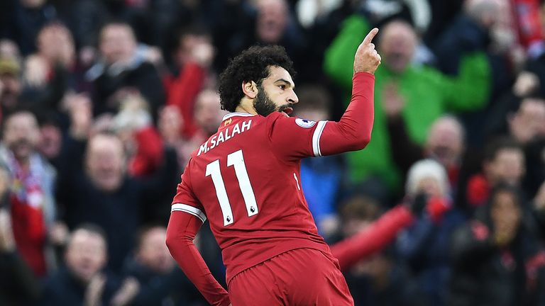 Mohamed Salah celebrates his first goal at Anfield