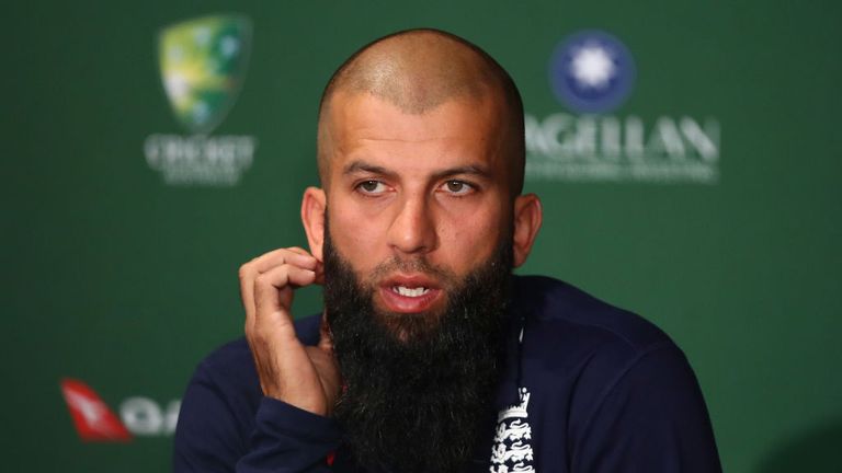 BRISBANE, AUSTRALIA - NOVEMBER 21:  Spinner Moeen Ali speaks to media during an England team press conference at The Gabba on November 21, 2017.
