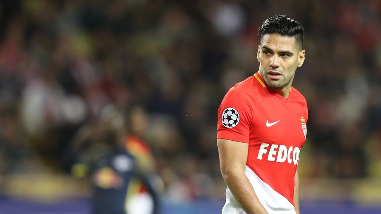 Monaco's Colombian forward Radamel Falcao reacts during the UEFA Champions League group G football match between Monaco and Leipzig at the Louis II stadium