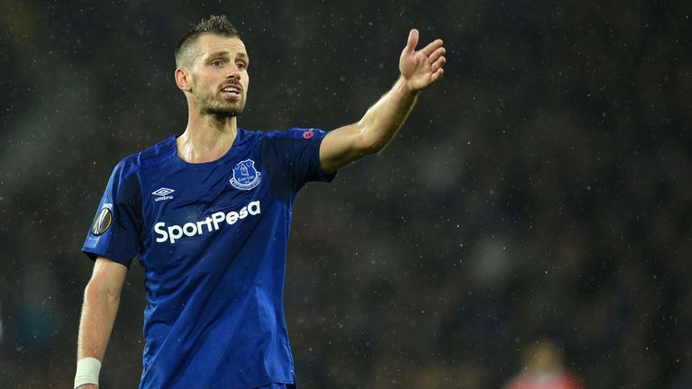 Everton's French midfielder Morgan Schneiderlin gestures during the UEFA Europa League Group E match between Everton and Lyon at Goodison Park, in Liverpoo