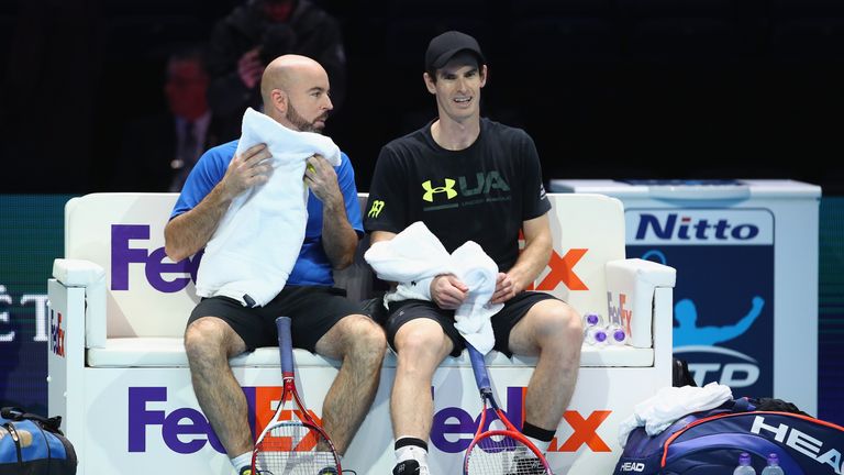 LONDON, ENGLAND - NOVEMBER 11:  Andy Murray of Great Britain with coach Jamie Delgado during a training session to test his fitness as he comes back from i