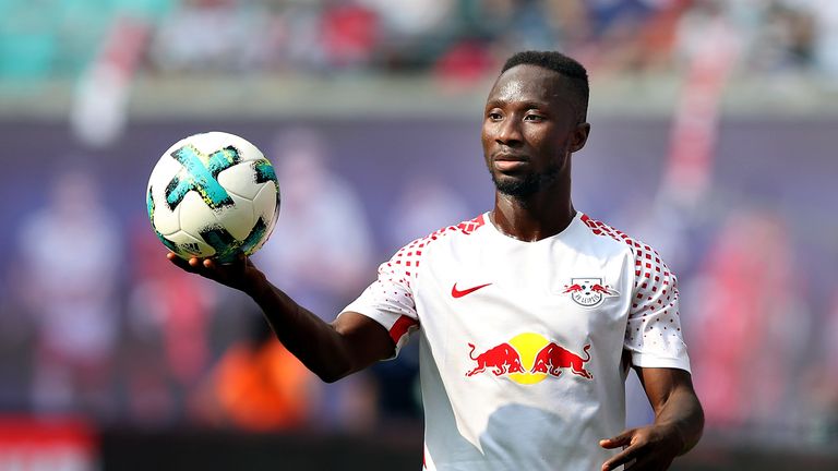 Naby Keita of Leipzig passes the ball during the Bundesliga match against Sport-Club Freiburg on August 27, 2017