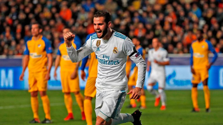 Real Madrid's Spanish defender Nacho celebrates his goal