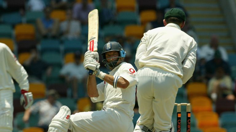 Nasser Hussain of England hits out during day three of the First Ashes Test between Australia and England held at the Gabba