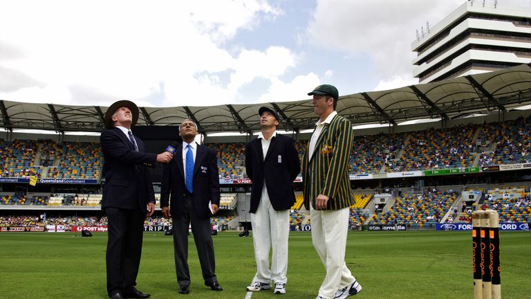 Nasser Hussain of England and Steve Waugh of Australia toss the coin during day one of the first Ashes Test