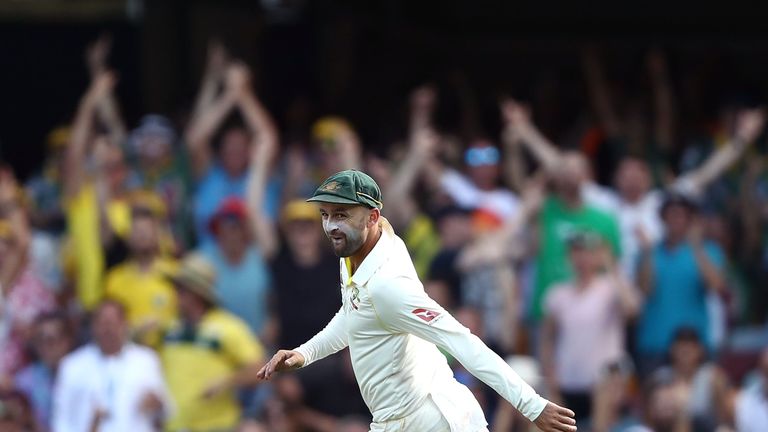 Nathan Lyon of Australia celebrates after running out James Vince of England  during day one of the First Test Match of 