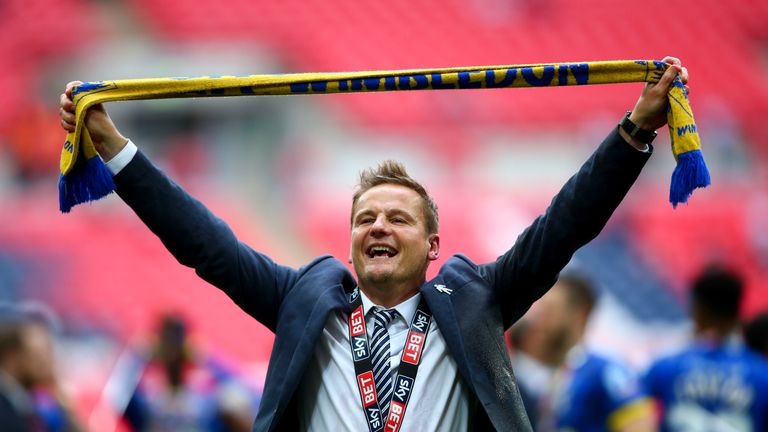 LONDON, ENGLAND - MAY 30:  Neal Ardley, manager of Wimbledon celebrates after their victory in the Sky Bet League Two Play Off Final match between Plymouth