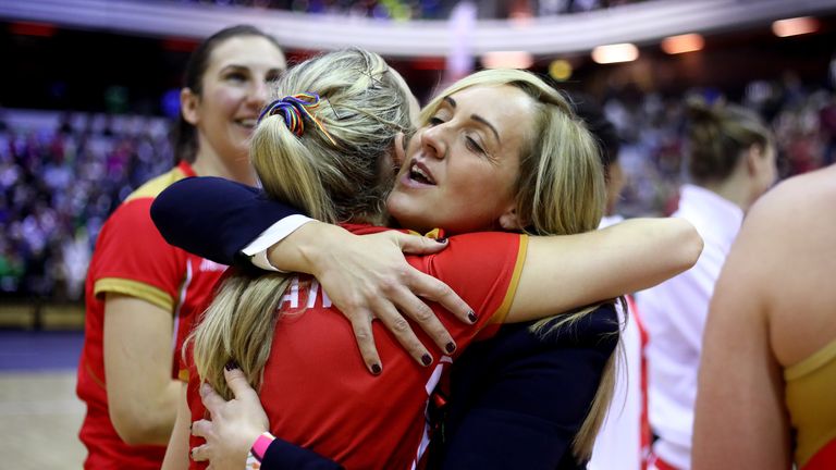 LONDON, ENGLAND - NOVEMBER 26: England's Head Coach Tracy Neville congratulates the team after their win during the Vitality Netball International Series m