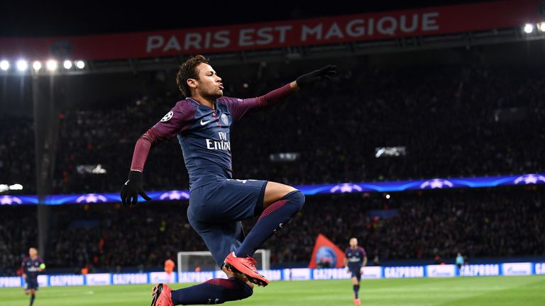 Paris Saint-Germain's Neymar celebrates his second goal against Celtic