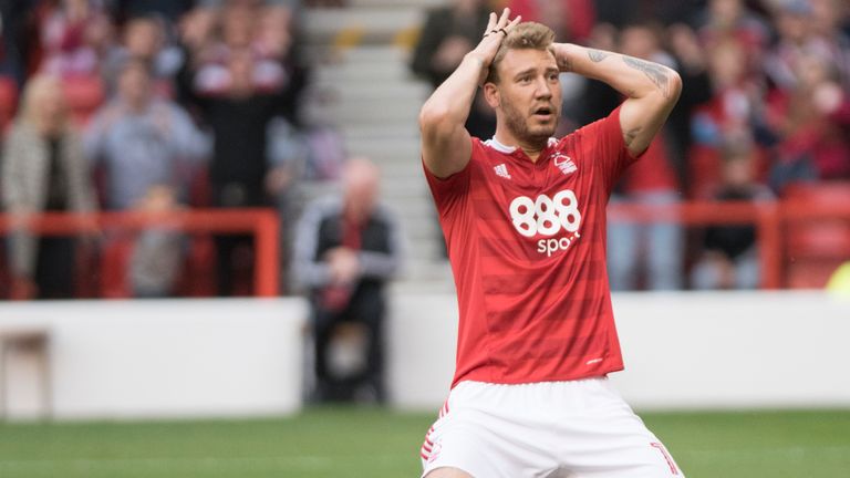 NOTTINGHAM, ENGLAND - SEPTEMBER 17:  Nicklas Bendtner of Nottingham Forest reacts on during the Sky Bet Championship match between Nottingham Forest and No