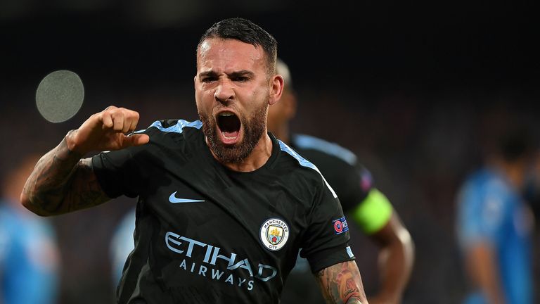 NAPLES, ITALY - NOVEMBER 01:  Nicolas Otamendi of Manchester City celebrates after scoring 1-1 goal during the UEFA Champions League group F match between 