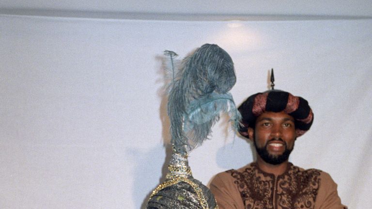 Boxer Nigel Benn promoting his fight with the middleweight champion, Doug DeWitt with his manager Ambrose Mendy.