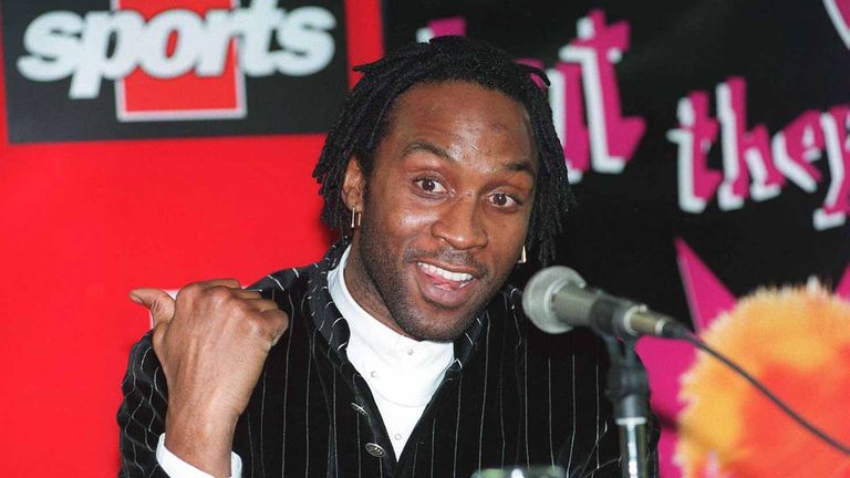 WBC super middleweight champion Nigel Benn speaks at a news conference in Newcastle