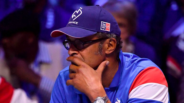 France's captain Yannick Noah reacts during the match between Belgium's David Goffin and France's Lucas Pouille at the Davis Cup World Group singles rubber