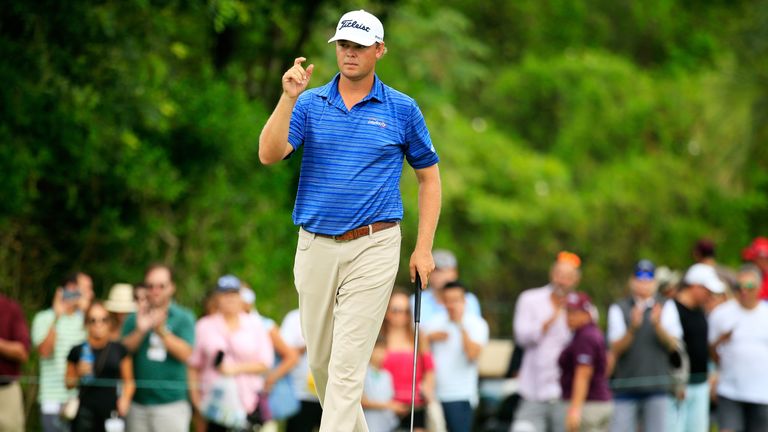 PLAYA DEL CARMEN, MEXICO - NOVEMBER 12:  Patton Kizzire of the United States reacts to his birdie on the 17th green during the continuation of the third ro