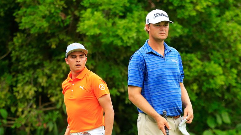 PLAYA DEL CARMEN, MEXICO - NOVEMBER 12:  Patton Kizzire of the United States and Rickie Fowler the United States look on from the seventh tee during the fi