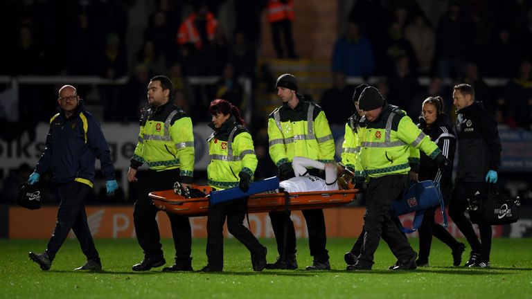 BURTON-UPON-TRENT, ENGLAND - NOVEMBER 17:  Paul Coutts of Sheffield Utd is carried from the field after picking up an injury during the Sky Bet Championshi