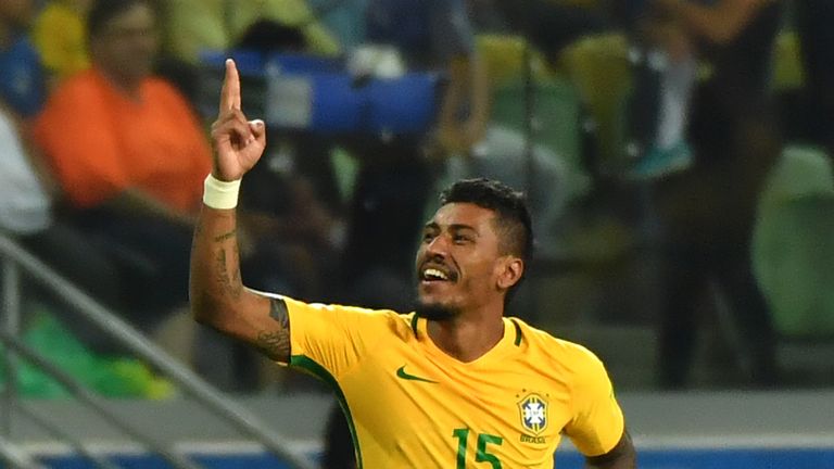 Brazil's Paulinho celebrates after scoring against Chile 