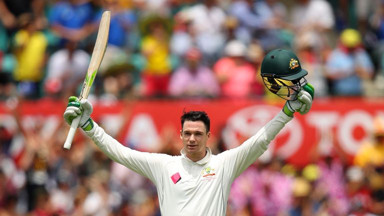 SYDNEY, AUSTRALIA - JANUARY 04:  Peter Handscomb of Australia celebrates scoring a century during day two of the Third Test match between Australia and Pak