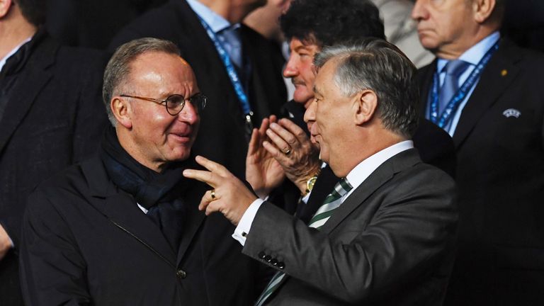 CELTIC v BAYERN MUNICH (1-2) 31/10/17 GLASGOW. Bayern Munich chairman Karl-Heinz Rummenigge (L) with Celtic Chief Executive Peter Lawwell.