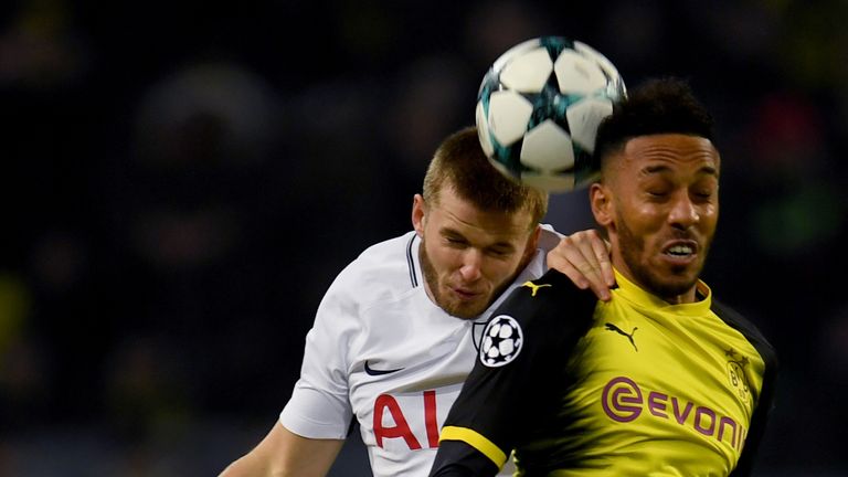 Dortmund's Pierre-Emerick Aubameyang challenges Eric Dier
