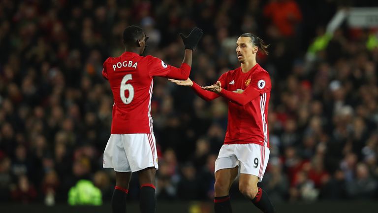 MANCHESTER, ENGLAND - NOVEMBER 27: Zlatan Ibrahimovic of Manchester United (R) celebrates scoring his sides first goal with Paul Pogba of Manchester United