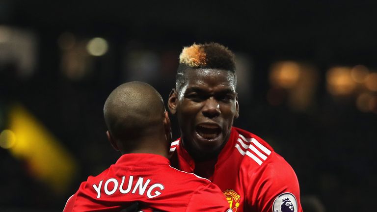 Ashley Young is congratulated on scoring his second goal of the game by Paul Pogba