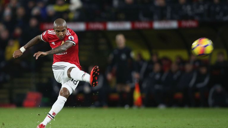 Ashley Young scores his second goal from a free kick