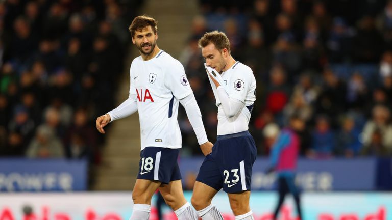 Christian Eriksen and Fernando Llorente look dejected during the 2-1 defeat to Leicester City