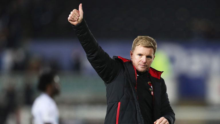 Eddie Howe gives a thumbs up at the final whistle in Swansea