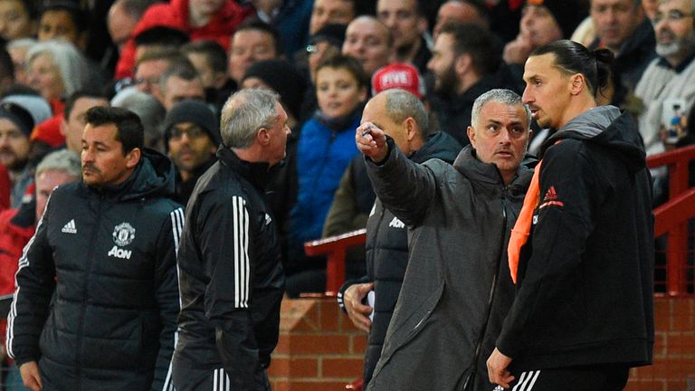 Jose Mourinho gives instructions to Zlatan Ibrahimovic before sending him on at Old Trafford