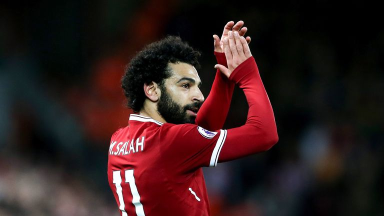 Mohamed Salah acknoweldges the Anfield crowd 