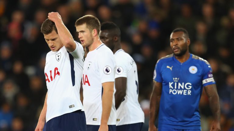 Jan Vertonghen and Eric Dier look dejected during the match at the King Power Stadium