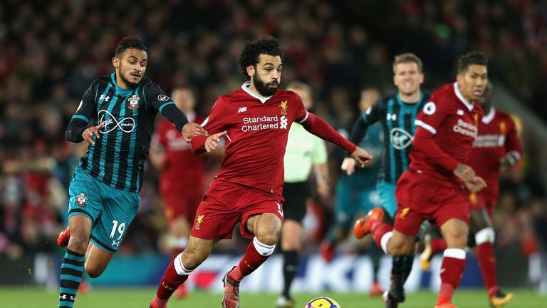 LIVERPOOL, ENGLAND - NOVEMBER 18:  Mohamed Salah of Liverpool in action during the Premier League match between Liverpool and Southampton at Anfield on Nov