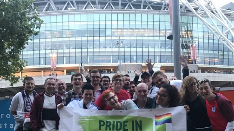 Fans from Pride In Football, the alliance for LGBT football fan groups, at Wembley Stadium