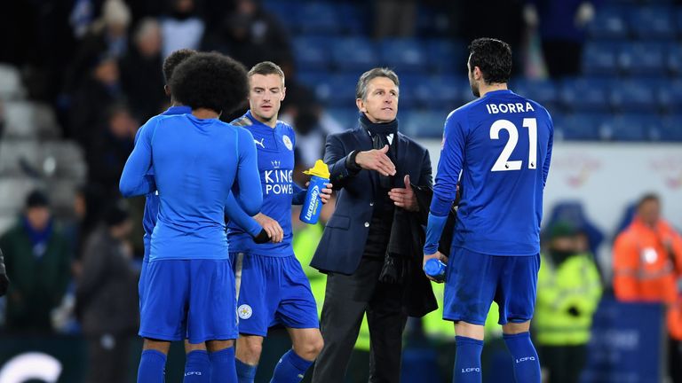 Claude Puel congratulates his players after Leicester's 2-1 win over Spurs