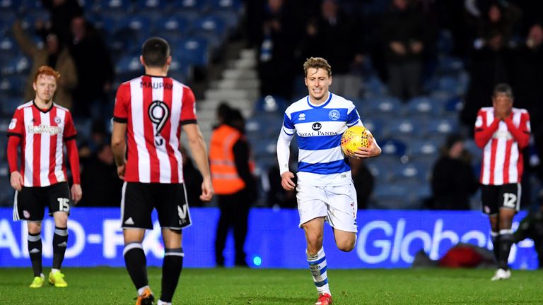 LONDON, ENGLAND - NOVEMBER 27: Luke Freeman of Queens Park Rangers celebrates scoring the 2nd QPR goal during the Sky Bet Championship match between Queens