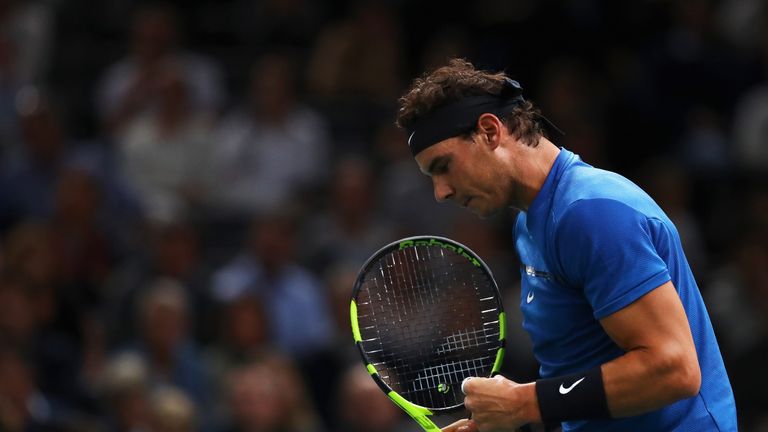 PARIS, FRANCE - NOVEMBER 01:  Rafael Nadal of Spain celebrates a point against Chung Hyeon of South Korea during Day 3 of the Rolex Paris Masters held at t