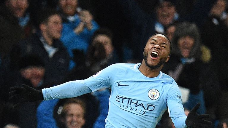 Manchester City's English midfielder Raheem Sterling celebrates scoring his team's second goal during the English Premier League football match between Man